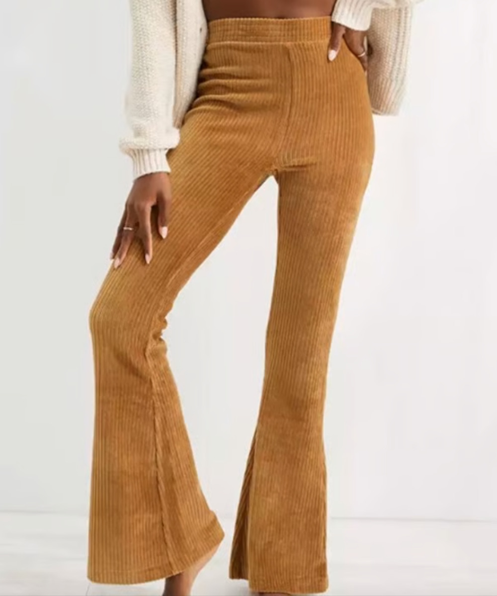Aerie Flare Pants Gold WMNS L Groove On Velour Ribbed High Rise Stretch Flare